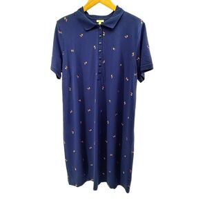 Talbots Woman Navy Blue Flamingo Embroidered Polo Dress 2X Cotton Spandex Pique